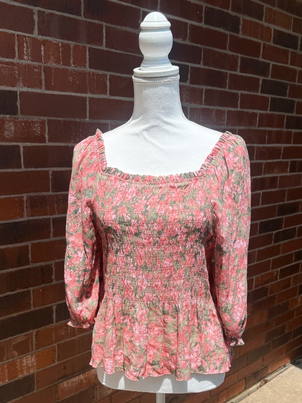 Nanette Lepore Floral Smocked Peplum Puff Sleeve Blouse Women’s Size L